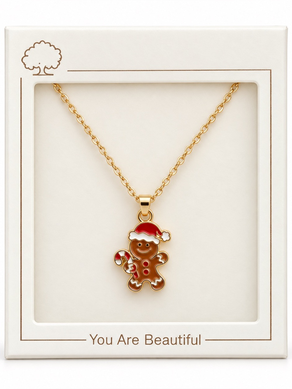 Gingerbread Man & Red Santa Claus Hat Candy Cane Christmas 1" Gold Necklace
